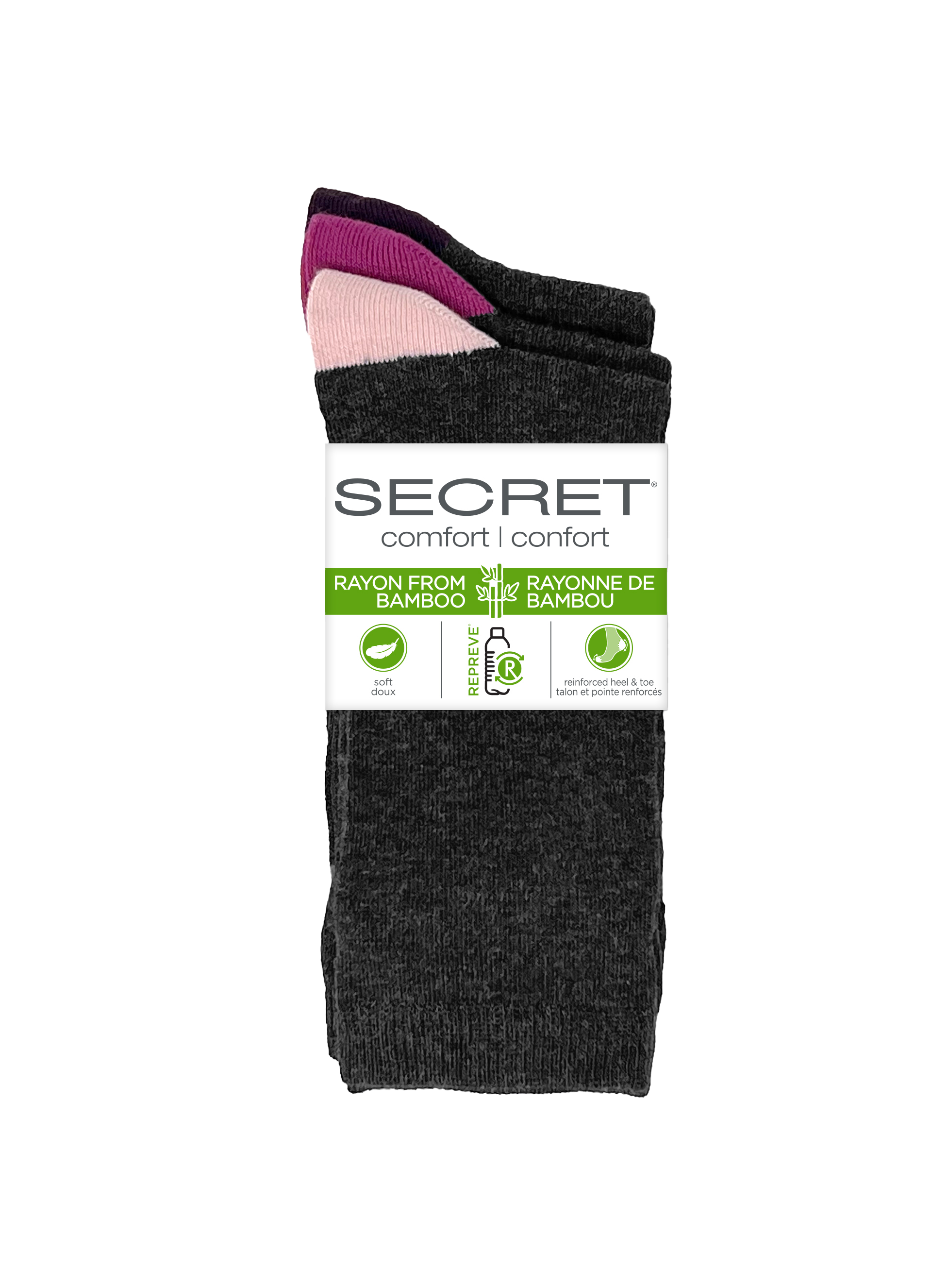 SECRET® Comfort Bamboo Contrast Heel/Toe Crew - 3 Pairs