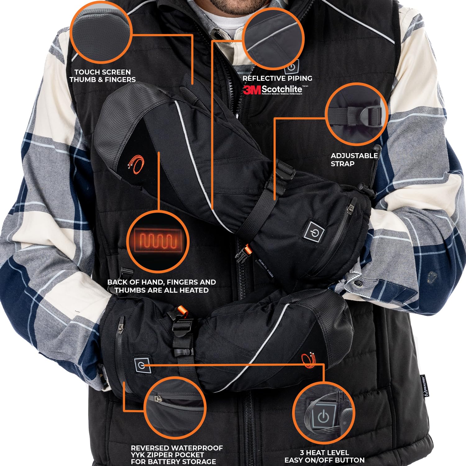 ENERGY TECHWEAR Heated Waterproof Mitts with 3 Heat Modules with Power Bank, Bluetooth App, Short Circuit Protection & Reflective Material, Combat Cold Weather, for Outdoor Activities