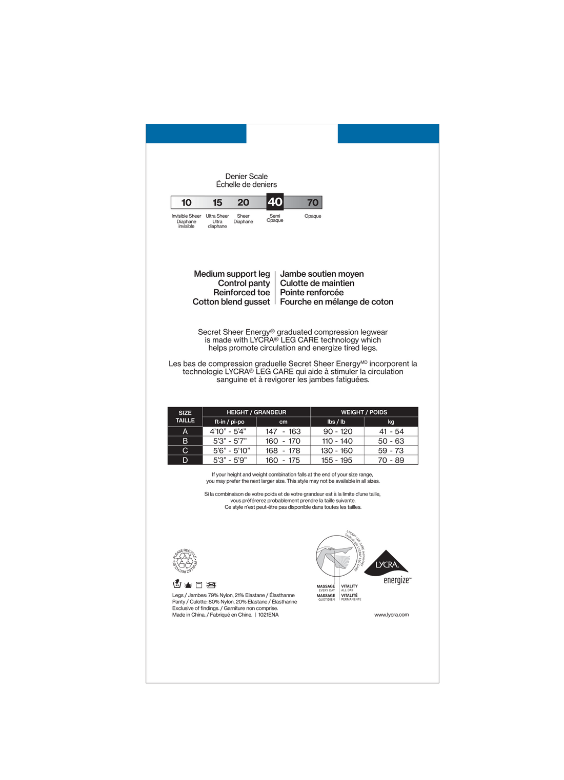 SECRET SHEER ENERGY® Sheer Control Top Panty Medium Support w/Reinforced Toe - 40 Denier