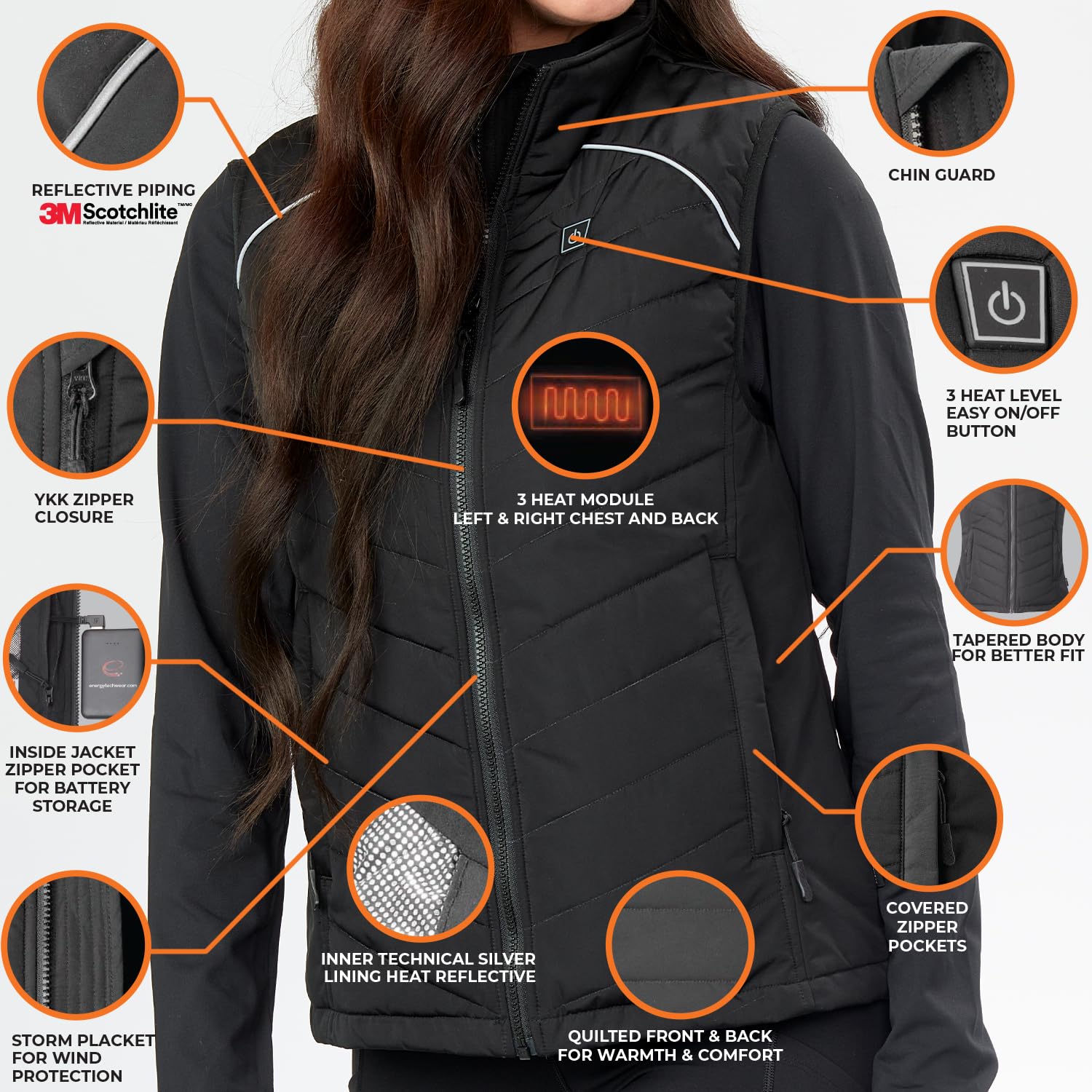 ENERGY TECHWEAR Ladies Heated Quilted Vest with 3 Heat Modules Slim &amp; Lightweight, with Power Bank, Bluetooth App &amp; Short Circuit Protection, Breathable, Waterproof, Windproof &amp; Washable